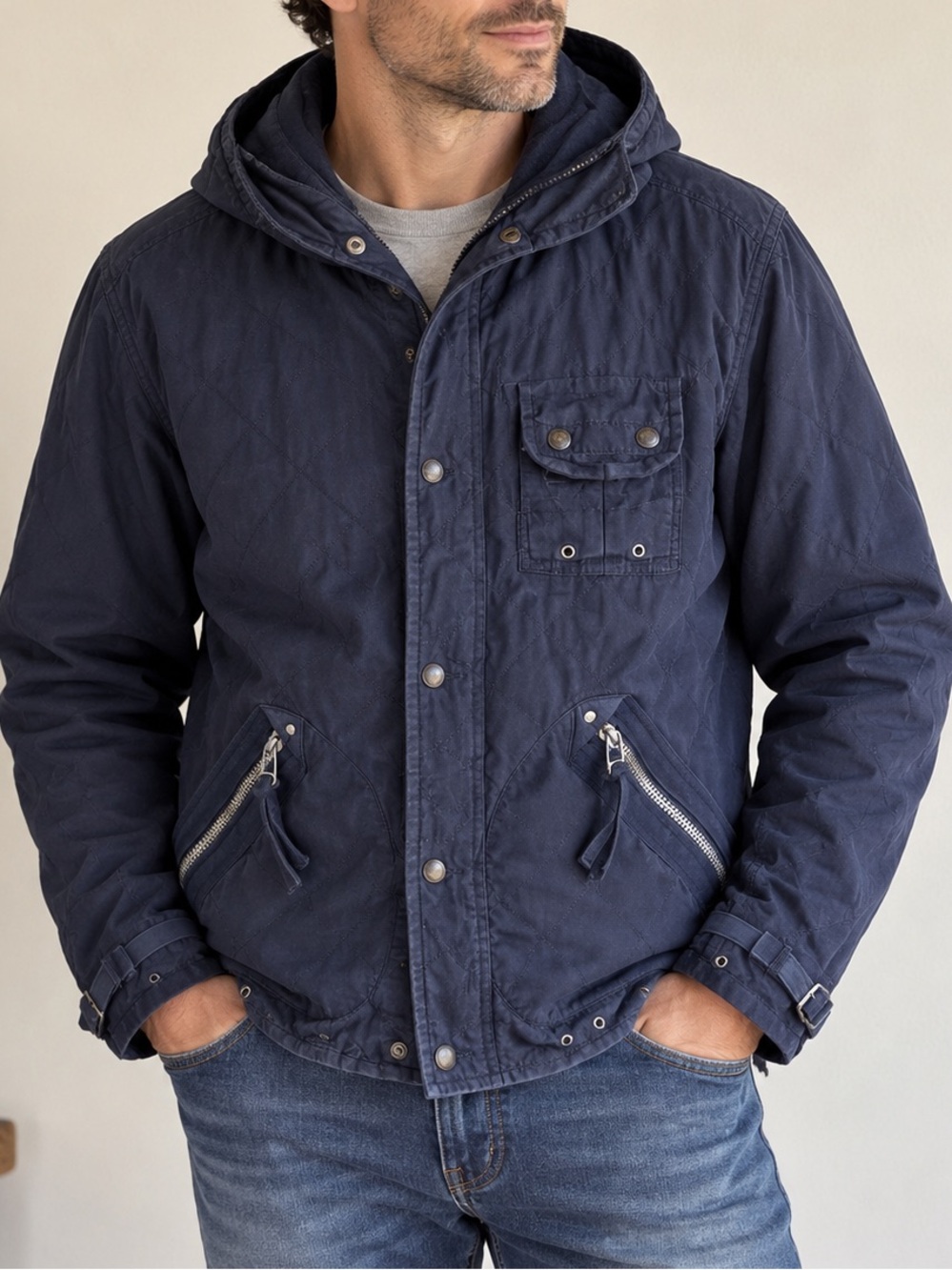 Polo Ralph Lauren Navy Quilted 100% Cotton Utility Jacket Removable Hood Size L